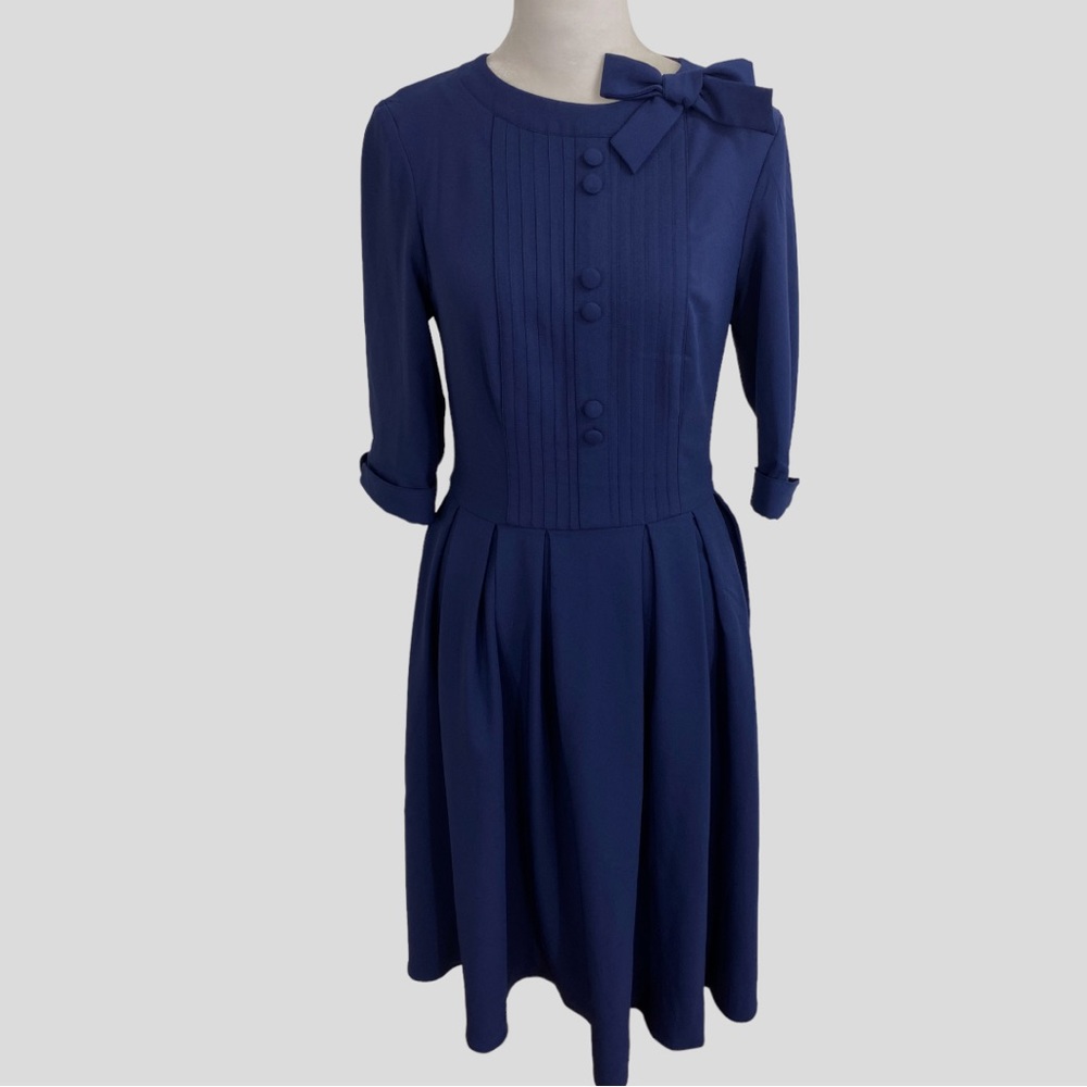 Hell Bunny Vixen Blue Bow Pleated Dress Size XS to S